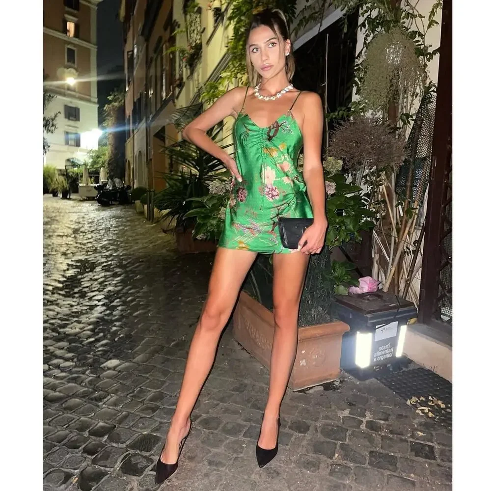 ZARA Green Floral Slip Mini Dress NWT – V-Neck Ruched Tie Spaghetti Strap, SZ M - Picture 13 of 16